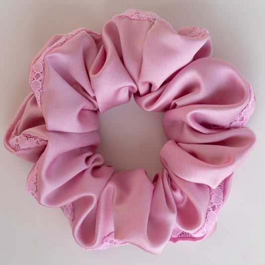 Light pink colored scrunchie with pink heartlace detaill